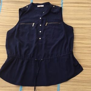 Michael Michael Kors Navy Blue Sleeveless Tunic Side Splits Goldtone 3/4 Button